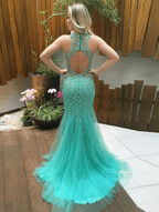 Gorgeous Jewel Keyhole Open Back Prom Dresses Long Mermaid Sweep Train Turquoise Sexy Party Dresses