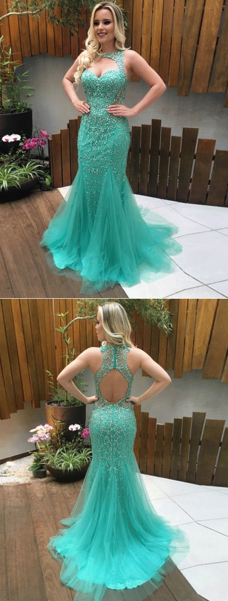 Gorgeous Jewel Keyhole Open Back Prom Dresses Long Mermaid Sweep Train Turquoise Sexy Party Dresses