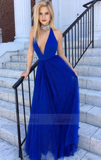 V Neck Prom Dresses Long A-line Evening Dresses Halter Formal Gowns Backless Party Dresses