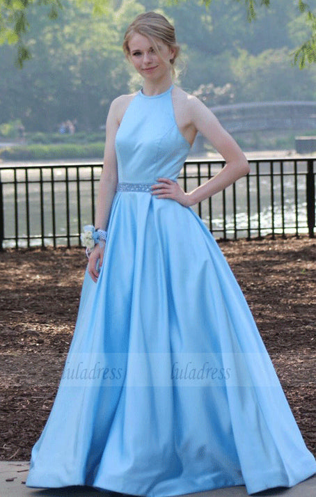A-line Prom Dresses Long Backless Blue Satin Formal Gowns Halter Evening Dresses,BD99719