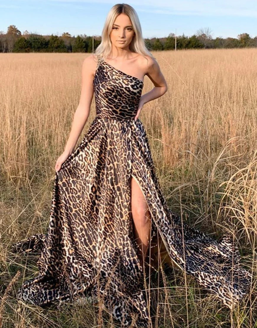Long One Shoulder Leopard Print Prom Dresses Custom Color / US4