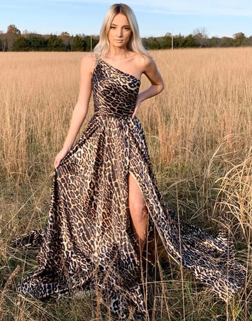 Long One Shoulder Leopard Print Prom Dresses,BD930647