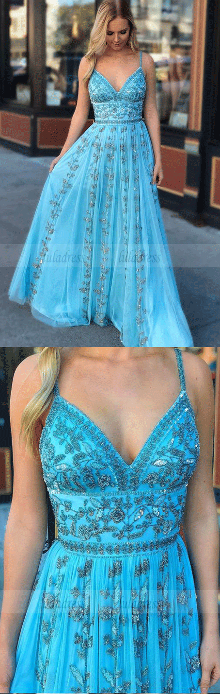 A-Line Spaghetti Straps Beading Prom Dress Floor Length Prom Dress