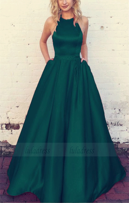 Emerald Green Prom Dresses Halter Satin Ball Gowns