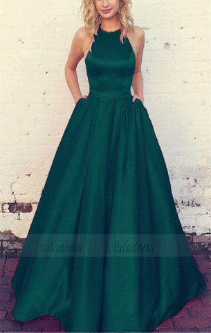 Emerald Green Prom Dresses Halter Satin Ball Gowns,BW97389