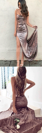 Strapless Split Side Sequined Prom Dresses Evening Gowns