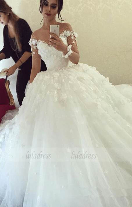 Flowers Sweetheart Tulle Wedding Dress with Sleeves