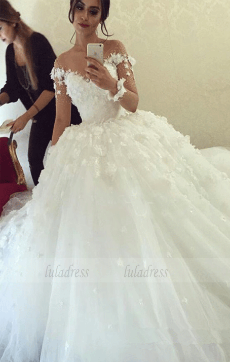 Flowers Sweetheart Tulle Wedding Dress with Sleeves,BW97127
