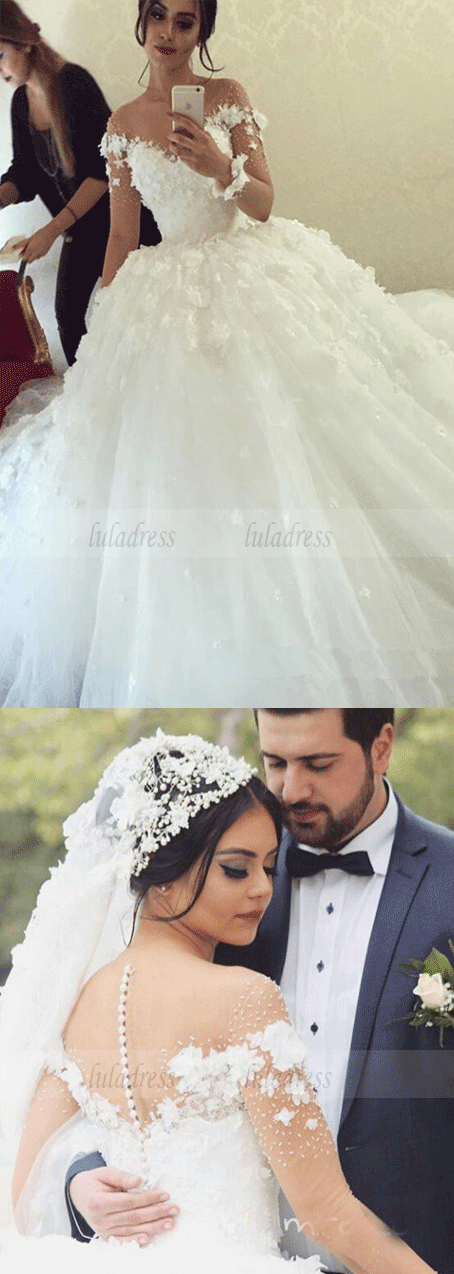 Flowers Sweetheart Tulle Wedding Dress with Sleeves