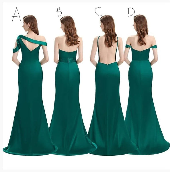 Off-The-Shoulder Strapless Elastic Satin Emerald Green Bridesmaid Dresses,BD930627