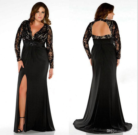 black Prom Dresses,long prom dress,long sleeves prom Dress,side slit prom dress,plus size evening dress,BD2983