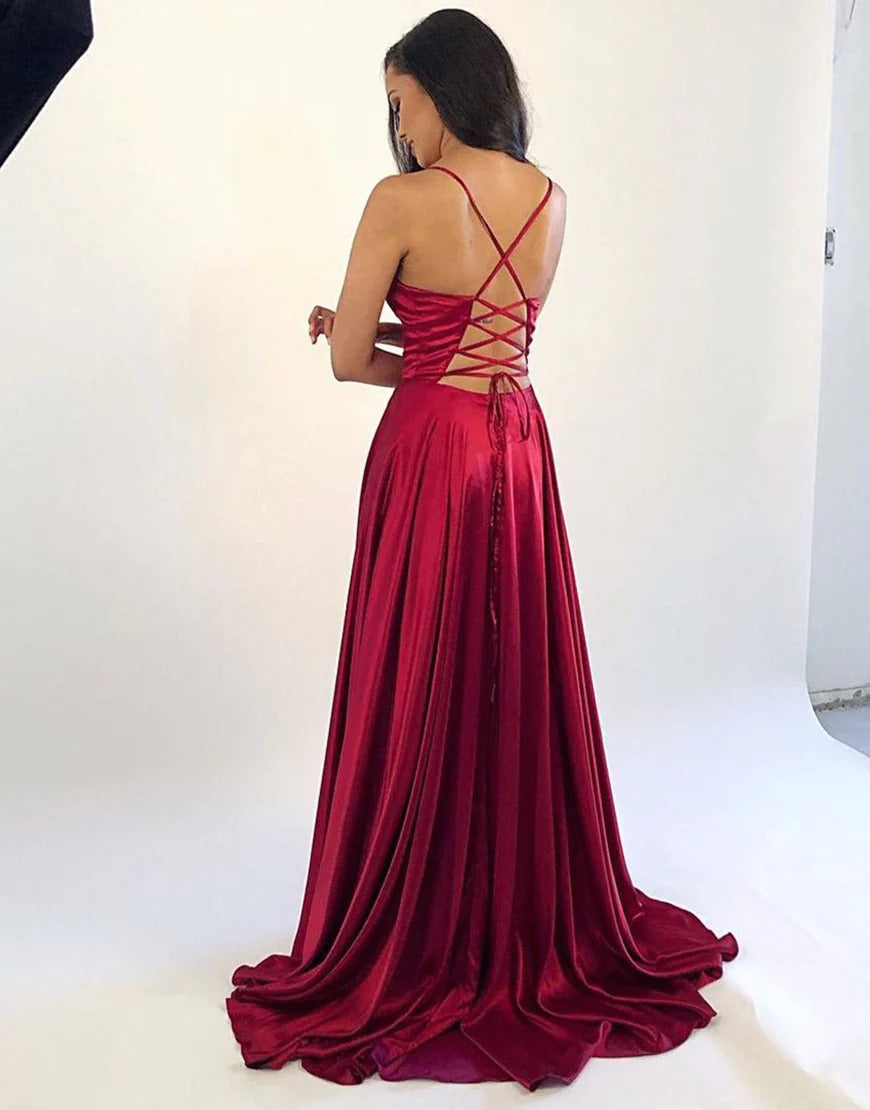 Satin Long Dark A Line Red Prom Dresses Custom Color / US6 Satin Long Dark A Line Red Prom Dresses Custom Color / US6