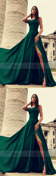 Long Green Satin Open Back Prom Dresses Leg Slit Evening Gowns,BW97382