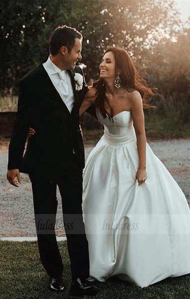 A-Line Sweetheart Sweep Train Satin Wedding Dress with Bowknot,BW97384