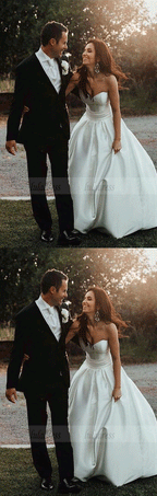 A-Line Sweetheart Sweep Train Satin Wedding Dress with Bowknot