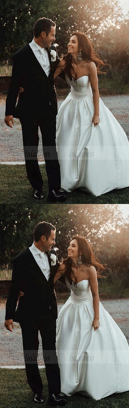 A-Line Sweetheart Sweep Train Satin Wedding Dress with Bowknot