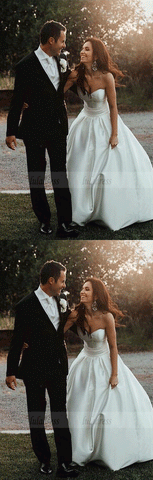 A-Line Sweetheart Sweep Train Satin Wedding Dress with Bowknot