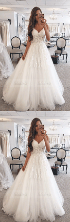 A-Line Spaghetti Straps Sweep Train Tulle Wedding Dress with Appliques