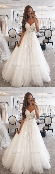 A-Line Spaghetti Straps Sweep Train Tulle Wedding Dress with Appliques,BW97380