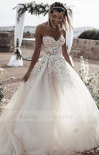 A-Line Sweetheart Sleeveless Sweep Train Tulle Wedding Dress with Appliques