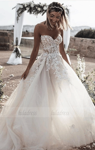 A-Line Sweetheart Sleeveless Sweep Train Tulle Wedding Dress with Appliques,BW97381