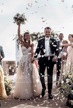 A-Line Sweetheart Sleeveless Sweep Train Tulle Wedding Dress with Appliques