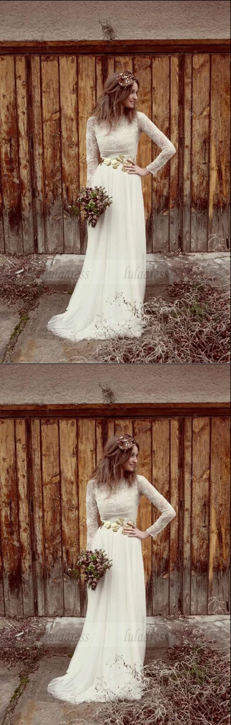 Long Sleeve Lace Appliques White Wedding Dresses