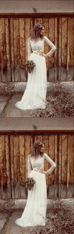 Long Sleeve Lace Appliques White Wedding Dresses