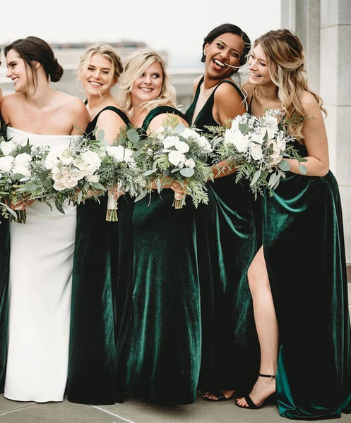 V Neck Sleeveless Winter Emerald Green Velvet Bridesmaid Dresses,BD930630