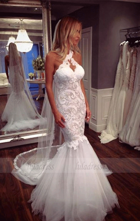 Sleeveless Halter Lace Mermaid Wedding Dress