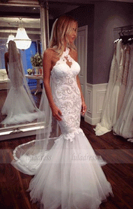 Sleeveless Halter Lace Mermaid Wedding Dress,BW97134