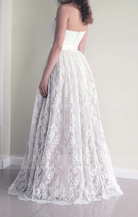 Simple Sweetheart strapless A-line Sleeveless Lace Sash Wedding Dress