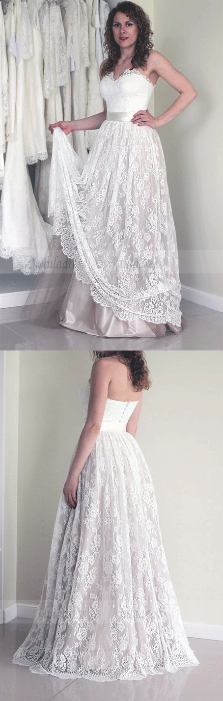 Simple Sweetheart strapless A-line Sleeveless Lace Sash Wedding Dress