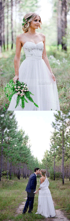 Simple A-Line Spaghetti Straps Tulle Wedding Dress with Beadings