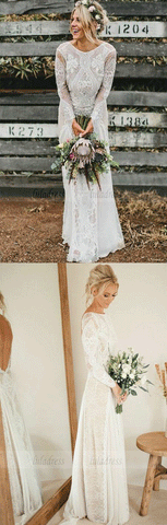Backless Wedding Dresses,Lace Wedding Dress,Wedding Dress with Sleeves,Rustic Bridal Dress