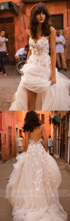 Tulle Glamorous Flowers V-Neck Sleeveless Wedding Dress