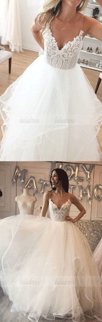 Charming A-Line V-Neck White Tulle Long Prom/Wedding Dress with Lace Appliques