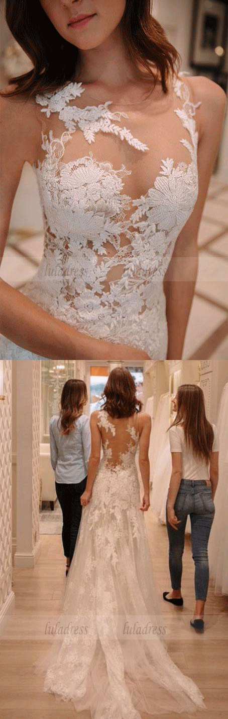 tight lace wedding dresses with court train, fashion wedding gowns