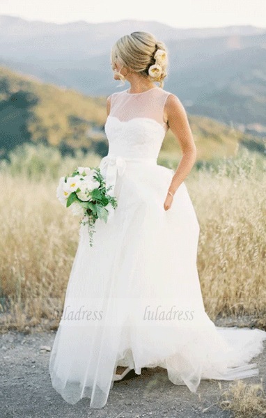 A Line Round Neck Sleeveless Lace Wedding Dresses,BW97337