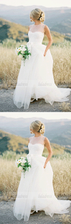 A Line Round Neck Sleeveless Lace Wedding Dresses