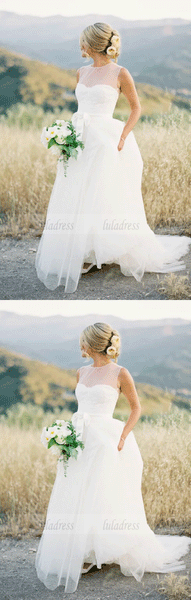 A Line Round Neck Sleeveless Lace Wedding Dresses,BW97337