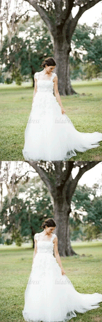 A Line long Applique Spaghetti Strap Tulle Wedding Dresses