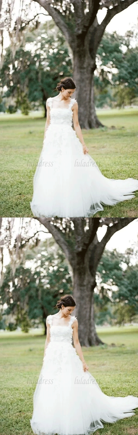 A Line long Applique Spaghetti Strap Tulle Wedding Dresses