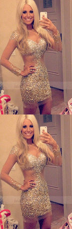 Long Sleeves Homecoming Dress,Tulle Beaded Prom Dresses