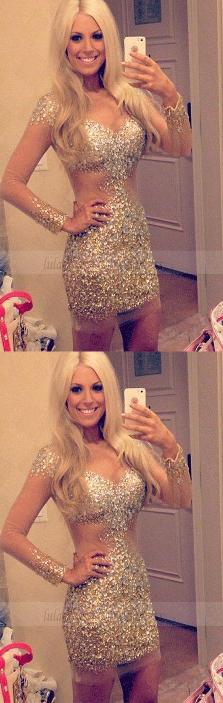 Long Sleeves Homecoming Dress,Tulle Beaded Prom Dresses