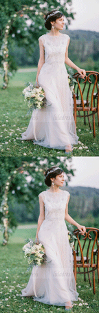 A Line Round Neck Short Sleeves Lace Wedding Dresses